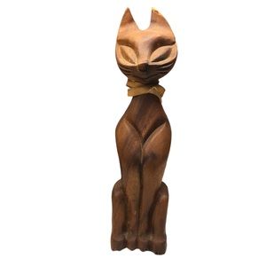 Vintage Solid Wood Siamese Cat Hand Carved Sculpture 10.5” Tall Kitty Decoration